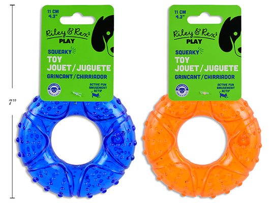 Carton of 12 110mm Squeaky TPR Ring Dog Chew Toy. 2 Asst.Colours. h/c.