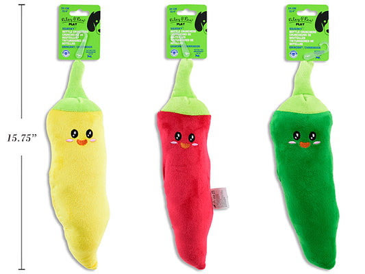 Carton of 12 13.4in Plush Pepper w/Bottle Cruncher Dog Toy. 3 Cols: Red / Green / Yellow. h/c.
