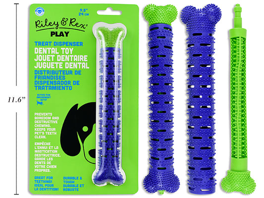 Carton of 12. 9.5in TPR Bone Shape Dental Brush/Treat Dispenser Dog Toy. b/c.