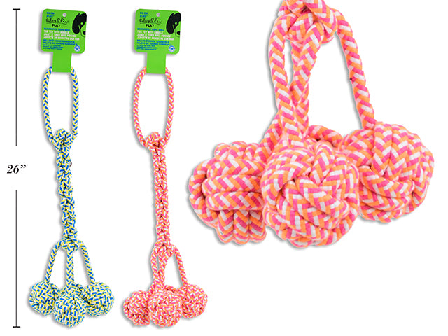 Carton of 12 21.65in Polyester 70mm Quadruple Rope Balls Rope Tug Toy w/Handle. 2 Asst.Colours. Wrap Header.