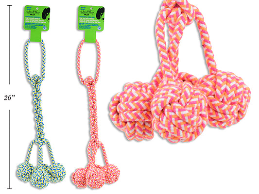 Carton of 12 21.65in Polyester 70mm Quadruple Rope Balls Rope Tug Toy w/Handle. 2 Asst.Colours. Wrap Header.