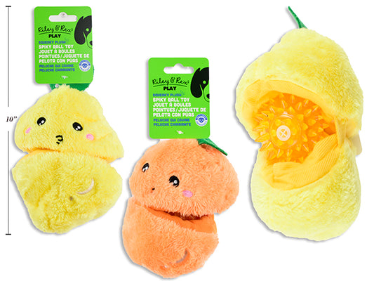 Carton of 12 2-in-1 Plush Fruit w/Squeaky Spiky TPR Ball Pet Toy. 2 Asst.Styles: Lemon / Orange. h/c.