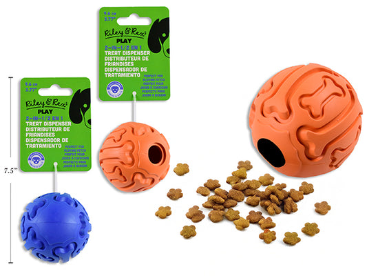 Carton of 12 96mm 2-in-1 Rubber Fetch Ball Treat Dispenser Dog Toy. 2 Asst.Colours. h/c.