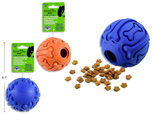 Carton of 12 126mm 2-in-1 Rubber Fetch Ball Treat Dispenser Dog Toy. 2 Asst.Colours. h/c.
