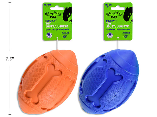 Carton of 12 5in Rubber Fetch Football Squeaky Dog Toy. 2 Asst.Colours. h/c.