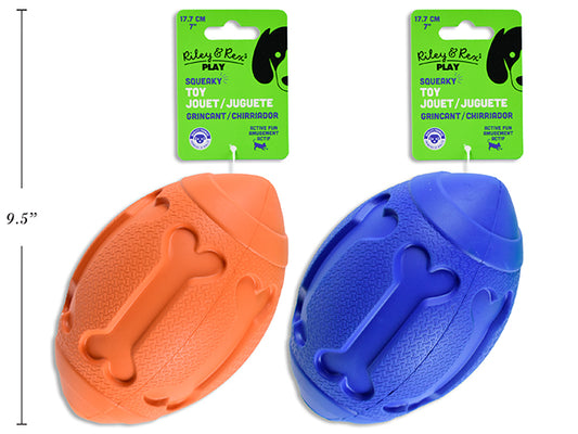 Carton of 12 7in Rubber Fetch Football Squeaker Dog Toy. 2 Asst.Colours. h/c.