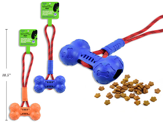 Carton of 12 14.4in 2-in-1 Rubber Bone Treat Dispenser Dog Tug Toy w/Rope Handle. 2 Asst.Colours. Wrap Header.