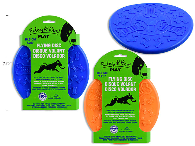 Carton of 12 18.5cm TPR Dog Flying Disc. 2 Asst.Colours. Peggable Sleeve Card.