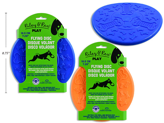 Carton of 12 18.5cm TPR Dog Flying Disc. 2 Asst.Colours. Peggable Sleeve Card.