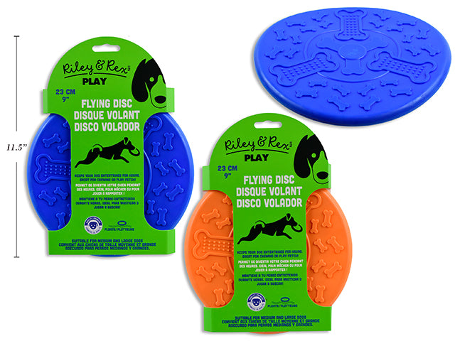 Carton of 12 23cm TPR Dog Flying Disc. 2 Asst.Colours. Peggable Sleeve Card.