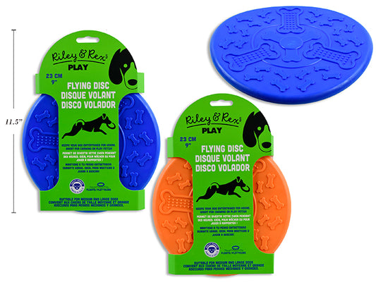 Carton of 12 23cm TPR Dog Flying Disc. 2 Asst.Colours. Peggable Sleeve Card.