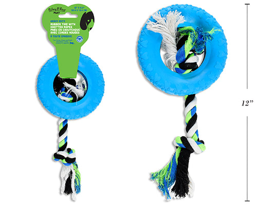 Carton of 6. 12in(L) x 5.3in(D) Heavy Duty Rubber Tire w/ Knotted Rope Dog Toy. Wrap Header.
