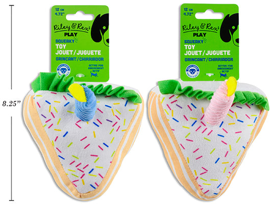 Carton of 12 4.72in x 2.76in Squeaky Plush Birthday Cake Slice Dog Toy. 2 Asst.Colours. h/c.