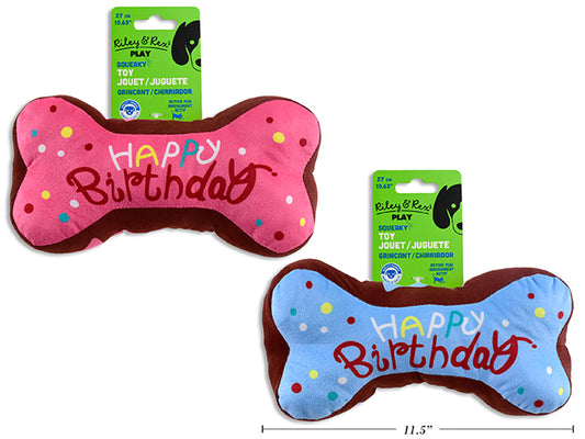 Carton of 12 10.63in x 5.5in Squeaky Plush HAPPY BIRTHDAY Bone Dog Toy. 2 Asst.Colours. h/c.