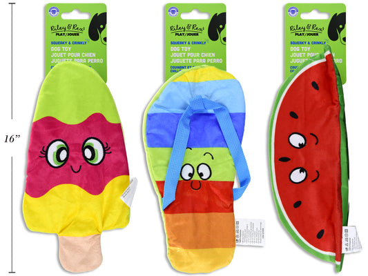 Carton of 12. Squeaky & Crinkle Summer Fun Stuffing Free Plush Dog Toy w/Embroidered Funny Face. 3 Asst. h/c.