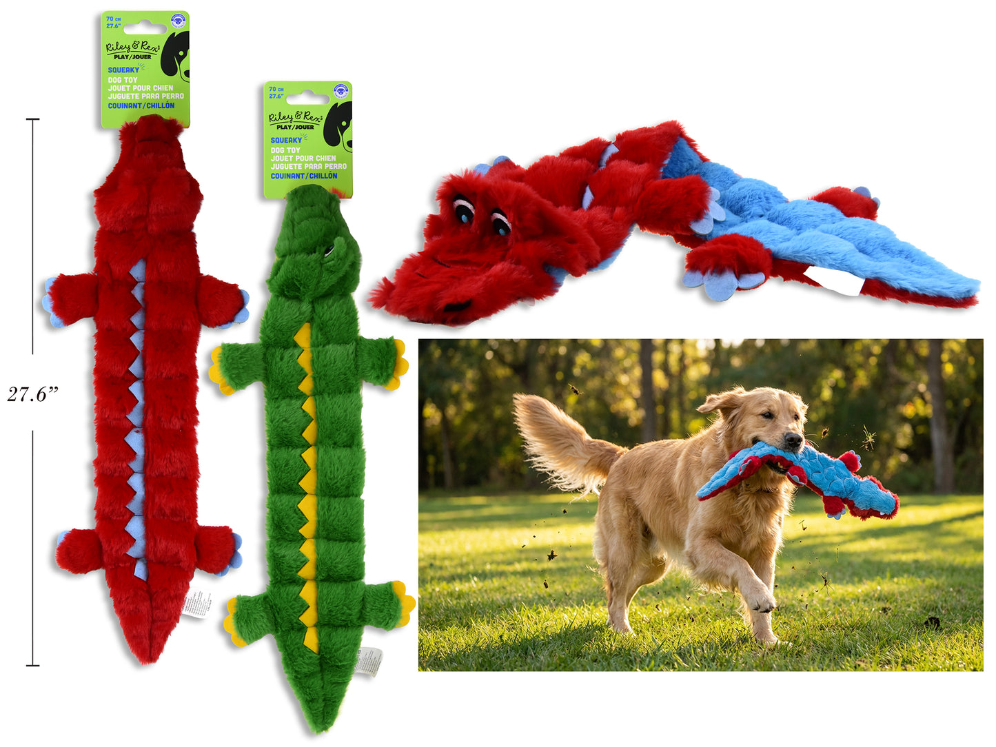 Carton of 12. 27.6in Squeaky Crocodile Stuffing Free Plush Dog Toy w/ 16pcs Squeaker. 2 Asst.Colours. h/c.