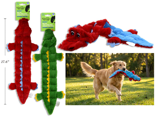Carton of 12. 27.6in Squeaky Crocodile Stuffing Free Plush Dog Toy w/ 16pcs Squeaker. 2 Asst.Colours. h/c.