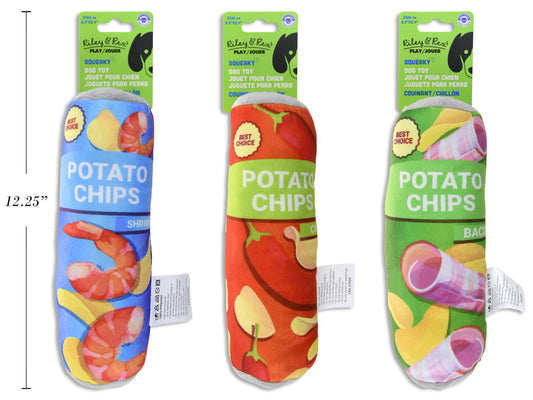 Carton of 12. 8.3in X 2.4in Squeaky Potato Chips Plush Dog Toy. 3 Asst.Styles. h/c.