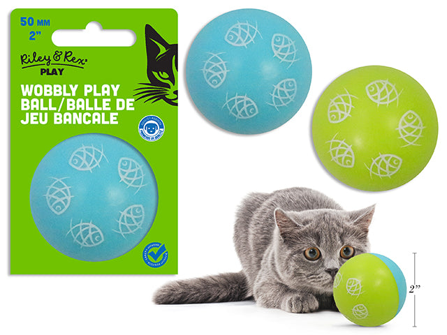 Carton of 12 50mm Wobbly Play Ball Cat Toy. 2 Asst.Styles. Sleeve Card.