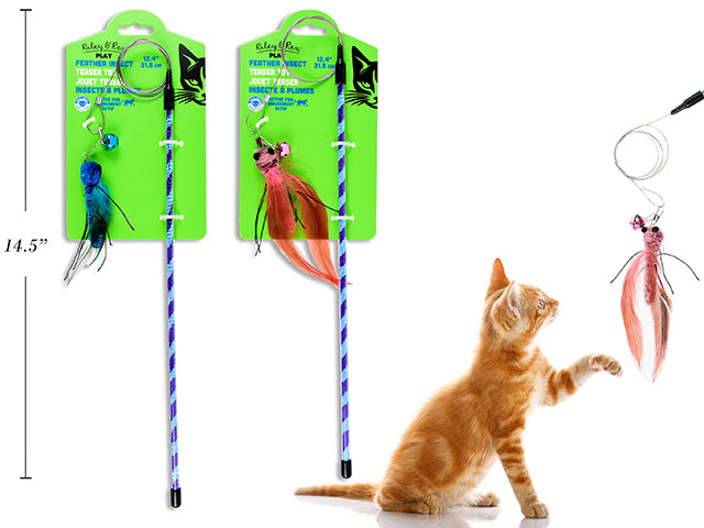 Carton of 12 12.4in Feather Insect Teaser Cat Toy. 2 Asst.Styles. T.o.c.