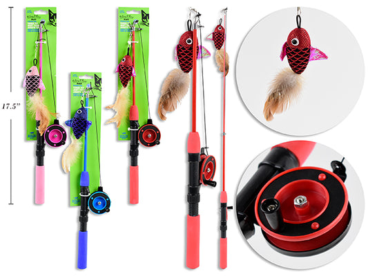Carton of 12 16.25in Fishing Rod Plush Metallic Fish w/Feather Teaser Cat Toy. 3 Asst.Cols. T.o.c.