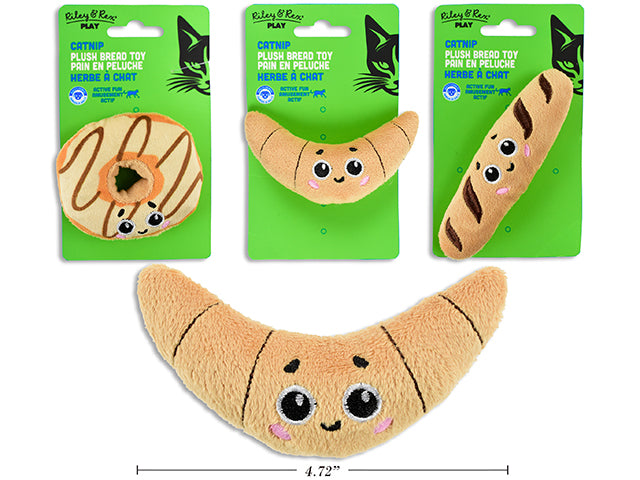 Carton of 12 Plush Bread w/Embroidered Face Catnip Cat Toy. 3 Asst.: Croissant / Baguette / Donut. T.o.c.