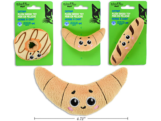 Carton of 12 Plush Bread w/Embroidered Face Catnip Cat Toy. 3 Asst.: Croissant / Baguette / Donut. T.o.c.