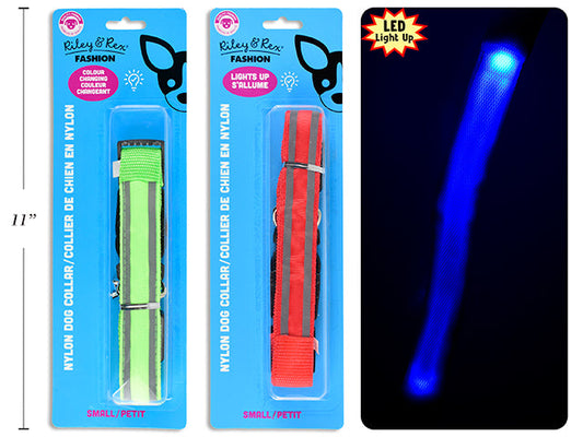 Carton of 12 B/O Col.Changing Light Up Dog Nylon Collar -Small. 1in Width. 2 Cols: Red / Blue. b/c.