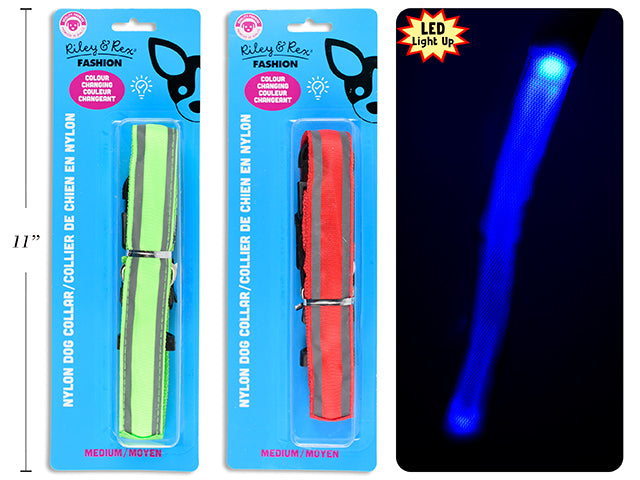 Carton of 12 B/O Col.Changing Light Up Dog Nylon Collar-Medium. 1in Width. 2 Cols: Red / Blue. b/c.