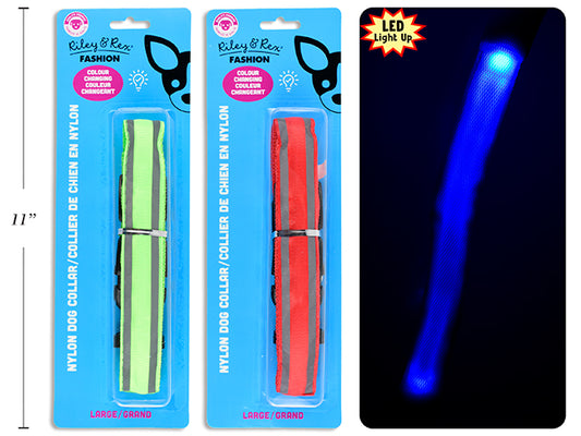 Carton of 12 B/O Col.Changing Light Up Dog Nylon Collar- Large. 1in Width. 2 Cols: Red / Blue. b/c.