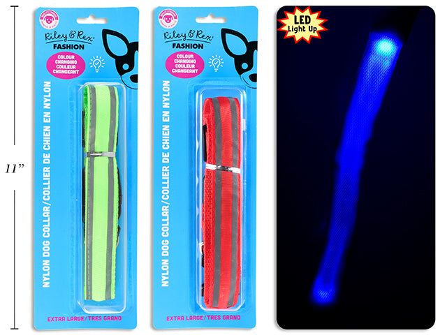 Carton of 12 B/O Col.Changing Light Up Dog Nylon Collar - Extra-Large. 1in Width. 2 Cols: Red / Blue. b/c.