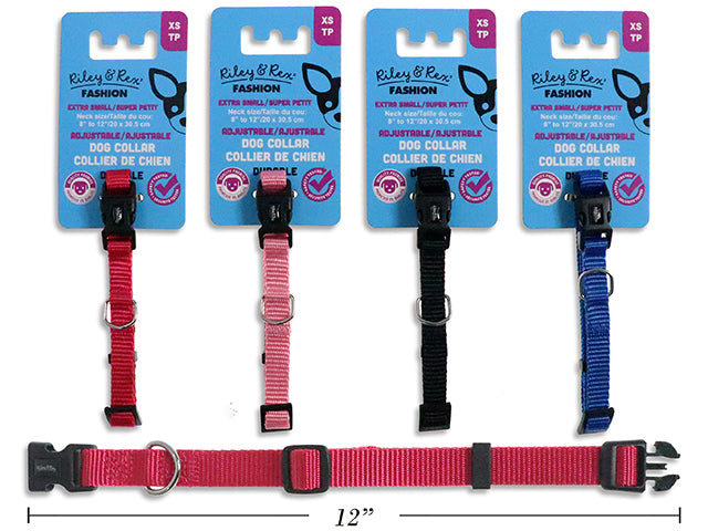 Carton of 12 Adjustable Solid Nylon Dog Collar - Extra Small. 3/8in Width. 4 Asst.Colours. T.o.c.