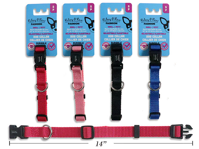 Carton of 12 Adjustable Solid Nylon Dog Collar - Small. 5/8in Width. 4 Asst.Colours. T.o.c.