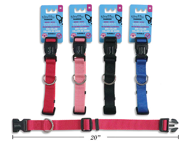 Carton of 12 Adjustable Solid Nylon Dog Collar - Medium. 1in Width. 4 Asst.Colours. T.o.c.