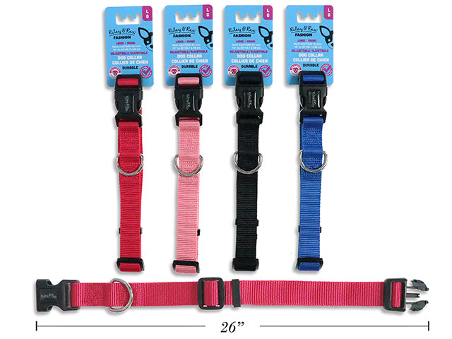 Carton of 12 Adjustable Solid Nylon Dog Collar -Large. 1in Width. 4 Asst.Colours. T.o.c.