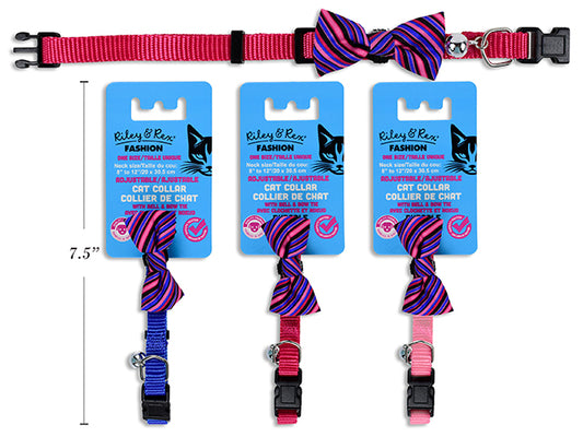 Carton of 12 Adjustable Solid Nylon Cat Collar w/Bell +Bow Tie. 3/8in Width. 4 Asst.Colours. T.o.c.