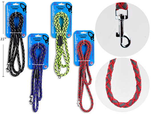 Carton of 12 4ft x 0.4in Reflective Braided Polyester Dog Leash - Small. 4 Asst.Colours. T.o.c.
