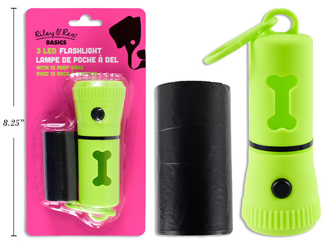 Carton of 12 4.25in B/O LED Flashlight w/15 Poop Bags. Lime Green Only. b/c.