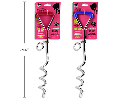 Carton of 12 15.75in x 9mm Metal Spiral Tie-Out Anchor w/ Rubber Grip Handle. Backer Card.