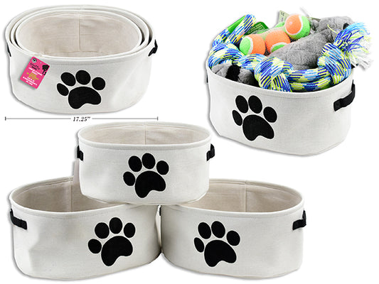 Carton of 3 Set/3 Oval Polylinen Paw Patch Pet Toy / Storage Basket w/Handles & Linen Liner. Cht.