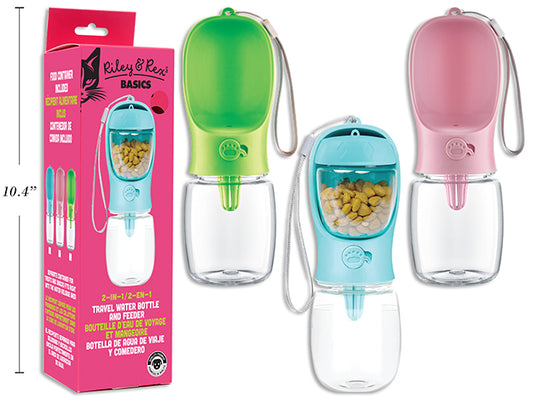 Carton of 12 350ml 2-in-1 Leak Proof Pet Travel Water Bottle w/100ml Food Container. 3 Asst.Cols. Peggable CBX.
