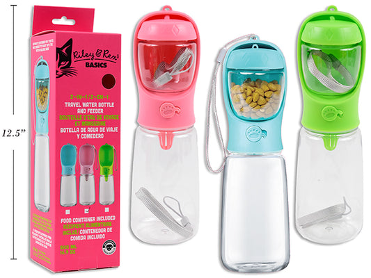 Carton of 12 500ml 2-in-1 Leak Proof Pet Travel Water Bottle w/100ml Food Container. 3 Asst.Cols. Peggable CBX.
