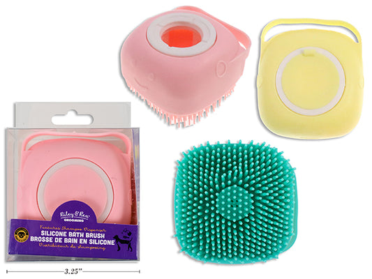 Carton of 24 3.14in Silicone Pet Bath Brush w/Shampoo Dispenser. 3 Cols. Peggable PVC Box w/Col.Insert.