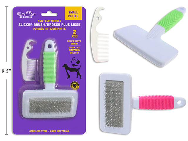 Carton of 24 Set/2 Pet S/S Slicker Brush w/Non-Slip Handle -Small. Incl: Plastic Comb. 2 Asst.Cols. b/c.