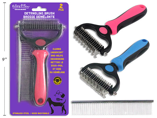 Carton of 24 Set/2 Double Sided Pet Detangling Brush w/Non-Slip Handle. Incl: S/S Comb. 2 Asst.Cols. b/c.