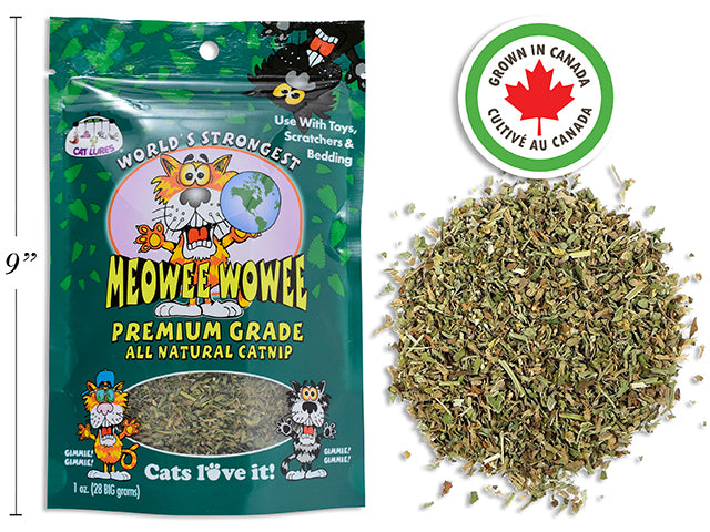 Carton of 24 Meowee Premium Grade All Natural Catnip. 1oz. Peggable Printed Bag. (Grown in Canada)