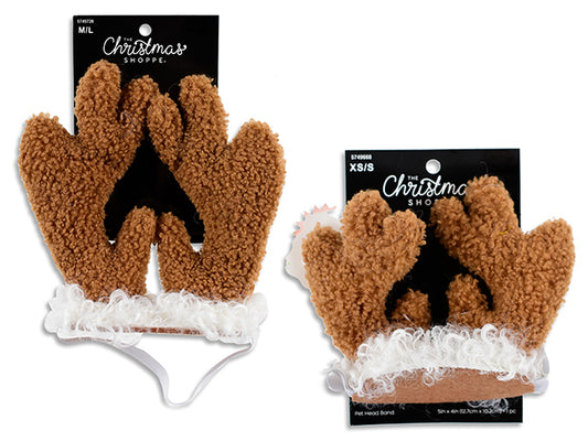Carton of 24 Xmas Plush Reindeer Pet Headband w/Elastic Strap. 2 Asst.Sizes: XS/S / M/L. t.o.c.