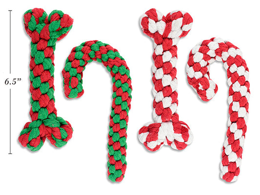 Carton of 24 Xmas Braided Polyester Candy Cane / Bone Dog Rope Toy. 2 Asst.Cols/Style. h/c.
