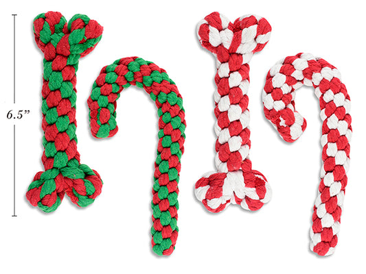 Carton of 24 Xmas Braided Polyester Candy Cane / Bone Dog Rope Toy. 2 Asst.Cols/Style. h/c.