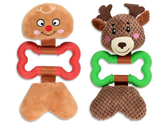 Carton of 12 Xmas Squeaky Plush w/Rubber Bone Dog Toy. 2 Asst.: Reindeer / Gingerbread Man. h/c.